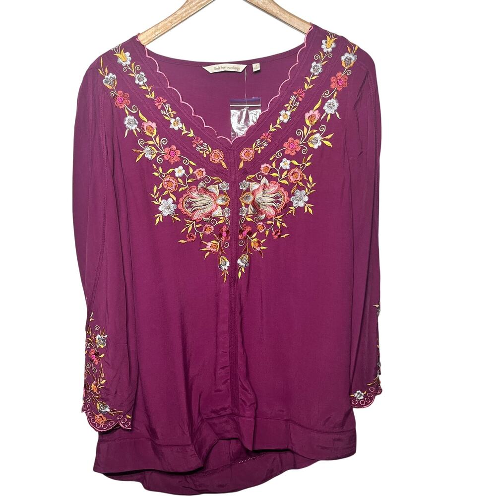 Soft Surroundings Tunic NEW Magenta Embroidered Boho Beaded Floral Vacation S